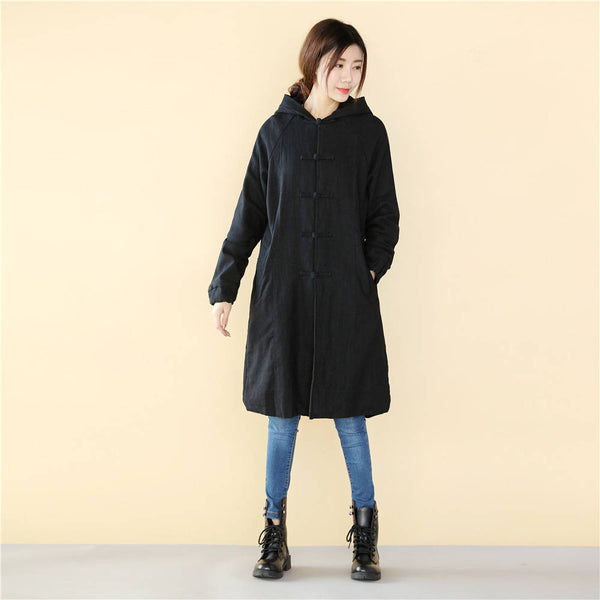 Women Simple Pure Color Linen and Cotton Knee Length Coat with Hoodie