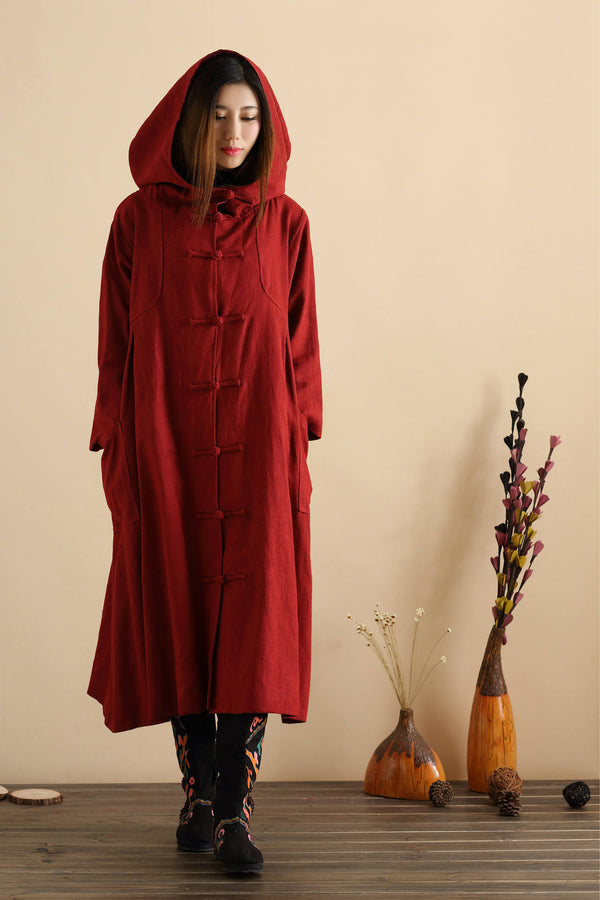 Women Simple Pure Color Witch Style Linen and Cotton Coat Hoodie