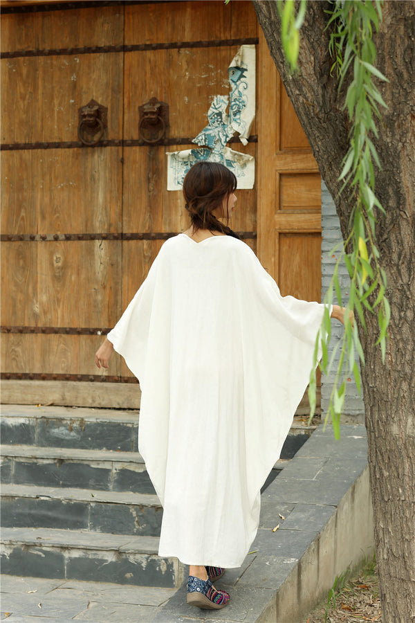 Women Eastern Style Ankle Length Butterfly Type Linen and Cotton Dress
