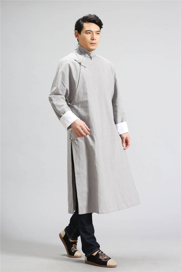 Men Tranditional Chinese KungFu Style Tunic Type Linen and Cotton Coat