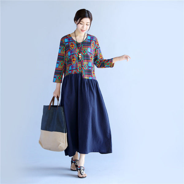 Women Asian Style Printed Causal Tea Length Linen and Cotton Dress