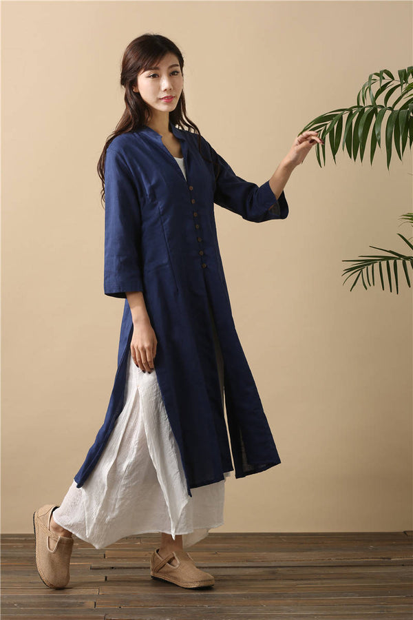 Women Cardigan Retro Buckle Collar Long sleeve Thin Linen and Cotton Dress Type Coat