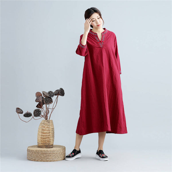 Women Reto Hanfu Type Linen and Cotton V-necked Jacquard Dress