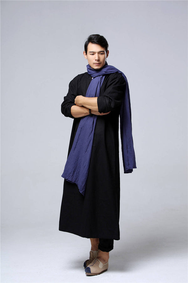 Men Pullover Loose Coat KungFu Style Linen and Cotton Long Tunics Hoodies