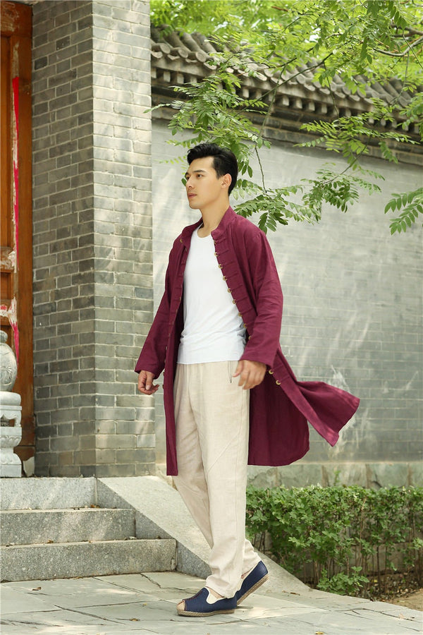 Men Asian Traditional Style KungFu Copper Buckle Linen and Cotton Tunic Coat