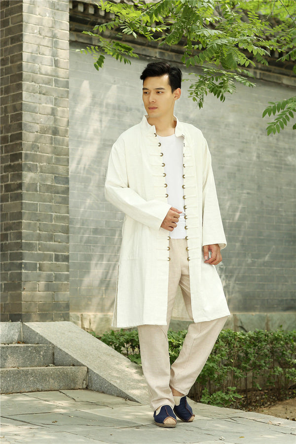 Men Asian Traditional Style KungFu Copper Buckle Linen and Cotton Tunic Coat