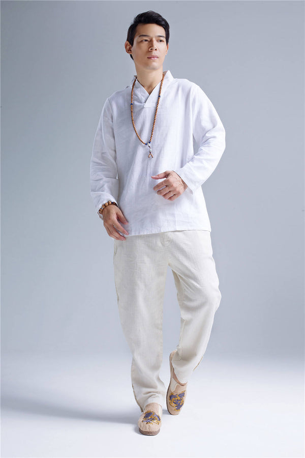 Men Zen Style Hangfu White Linen and Cotton T-shirts Tops