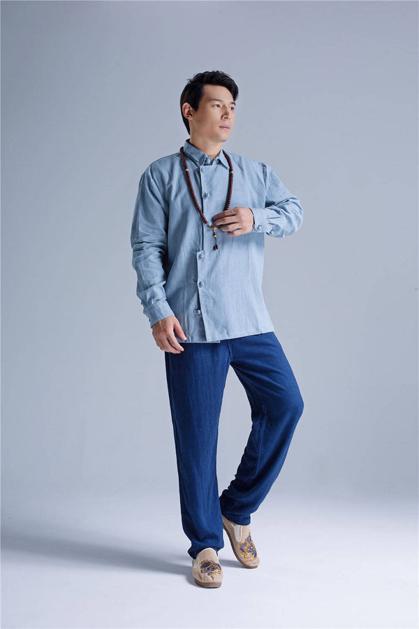 Men Asian Hanfu Style Linen and Cotton Shirt Top