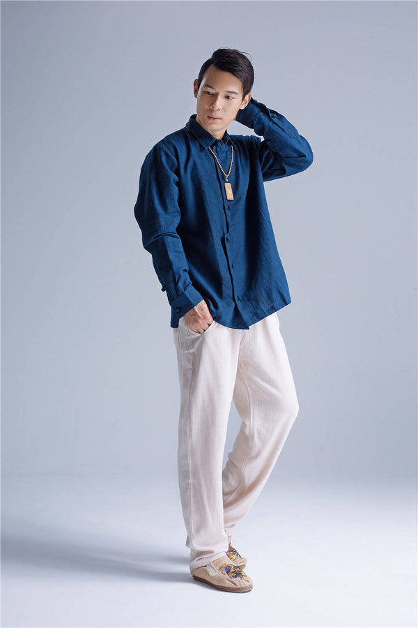 Men Asian Hanfu Style Linen and Cotton Shirt Top