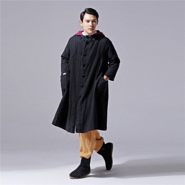 Men Simple Pure Color Witch Style Linen and Cotton Coat Hoodie (Black Color Only)
