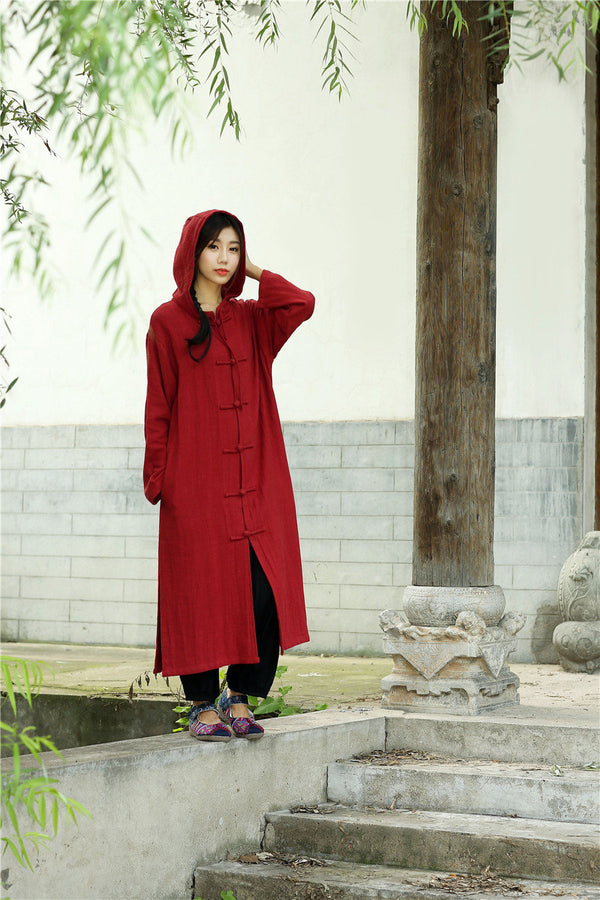 Women Simple Pure Color Linen and Cotton Witch Style Coat Hoodie
