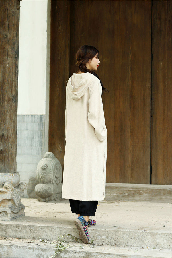 Women Simple Pure Color Linen and Cotton Witch Style Coat Hoodie