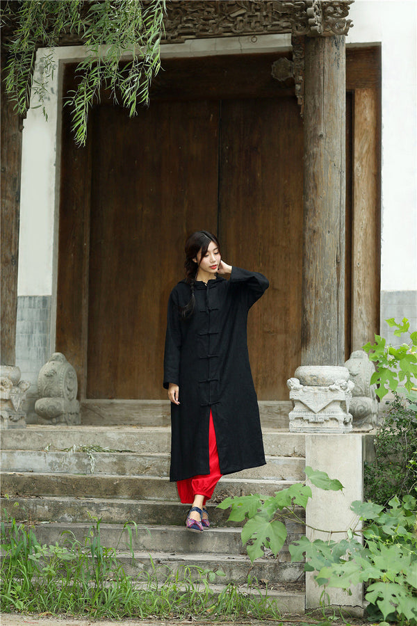 Women Simple Pure Color Linen and Cotton Witch Style Coat Hoodie