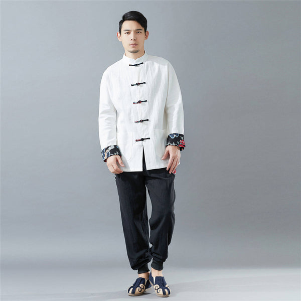 Men Hanfu Style Linen Tops – Tai Chi Style Hangfu Kungfu Zen Style Men's Linen Top