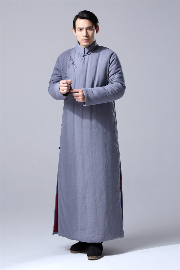 Men Chinese Traditional Style KungFu TaiChi Hanfu Quilted Linen and Cotton Long Tunic
