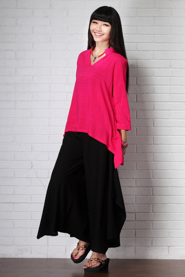 Women Causal Style Loose V Collar Long Sleeve Linen and Cotton Blouses