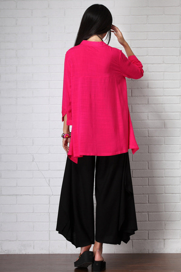 Women Causal Style Loose V Collar Long Sleeve Linen and Cotton Blouses