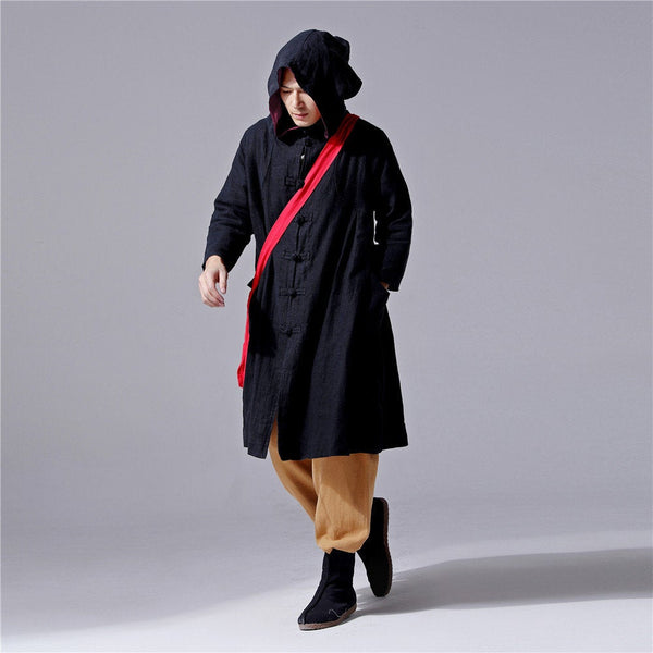 Men Simple Pure Color Witch Style Linen and Cotton Coat Hoodie (Black Color Only)