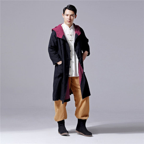 Men Simple Pure Color Witch Style Linen and Cotton Coat Hoodie (Black Color Only)