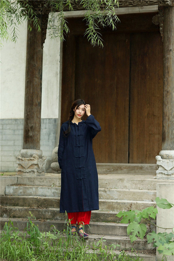 Women Simple Pure Color Linen and Cotton Witch Style Coat Hoodie