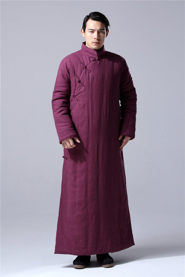 Men Chinese Traditional Style KungFu TaiChi Hanfu Quilted Linen and Cotton Long Tunic