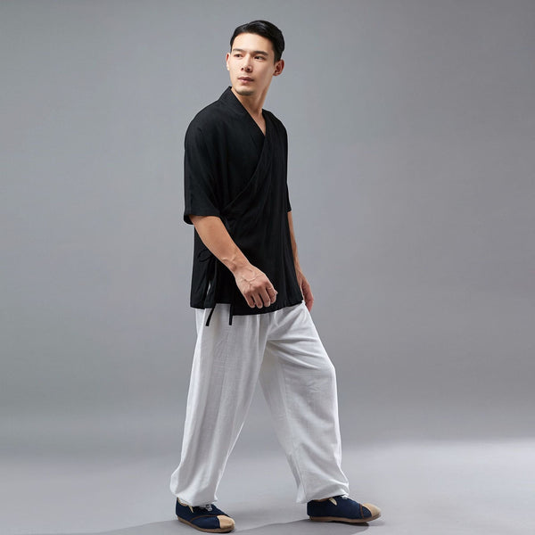 Men Tai Chi Style Hangfu Kungfu Zen Style Short Sleeve Linen and Cotton Tops