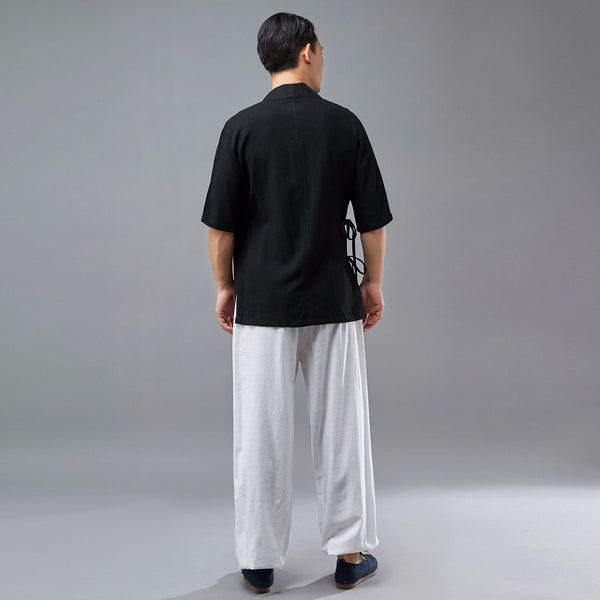 Men Tai Chi Style Hangfu Kungfu Zen Style Short Sleeve Linen and Cotton Tops