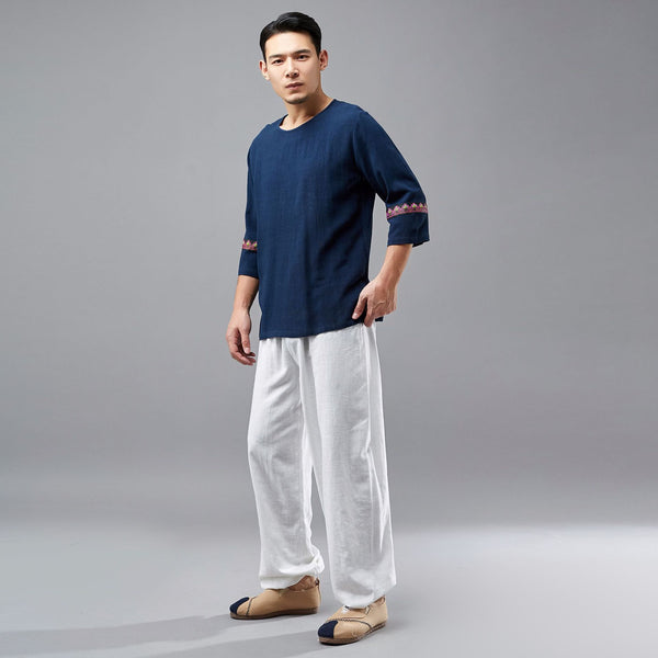 Men Ethnic Hangfu Kungfu Zen Style Men Linen and Cotton Short Sleeve T-shirt Tops