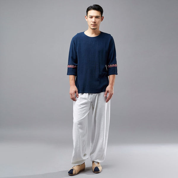 Men Ethnic Hangfu Kungfu Zen Style Men Linen and Cotton Short Sleeve T-shirt Tops