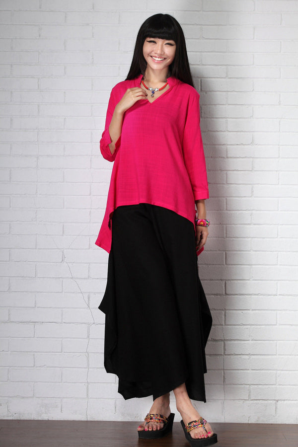 Women Causal Style Loose V Collar Long Sleeve Linen and Cotton Blouses