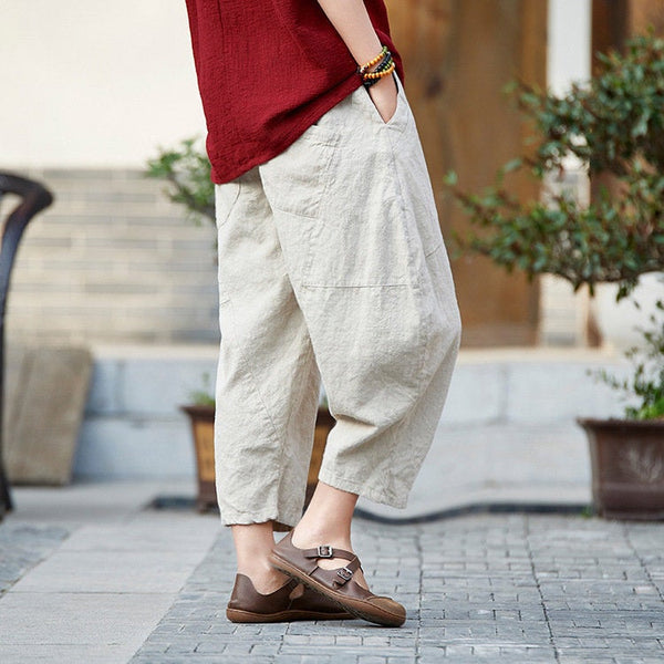 Women Casual Loose Linen Lantern Cropped Pants