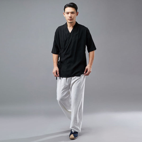 Men Tai Chi Style Hangfu Kungfu Zen Style Short Sleeve Linen and Cotton Tops