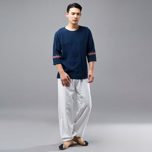 Men Ethnic Hangfu Kungfu Zen Style Men Linen and Cotton Short Sleeve T-shirt Tops