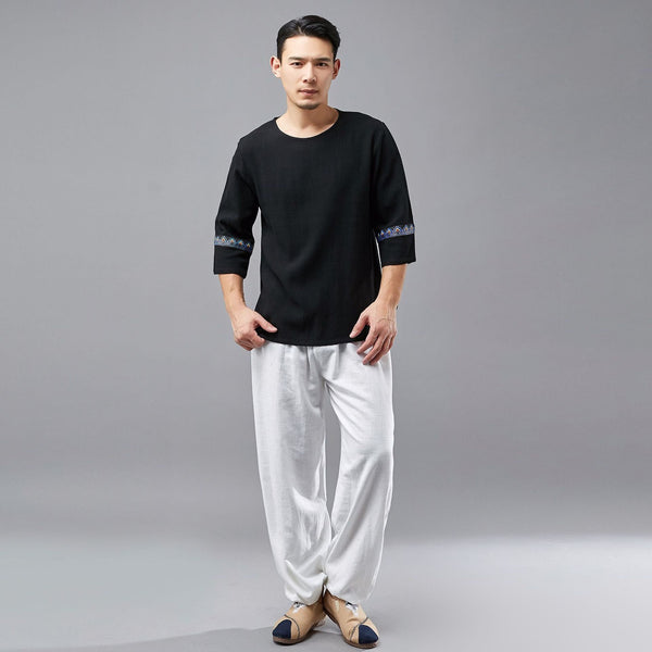Men Ethnic Hangfu Kungfu Zen Style Men Linen and Cotton Short Sleeve T-shirt Tops