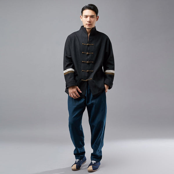 Men Hangfu Kungfu Zen Style Men Long Sleeve with Stripe Linen and Cotton Top