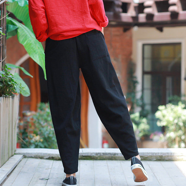 Women Casual Linen and Cotton Loose  Cropped Small Leg Pants