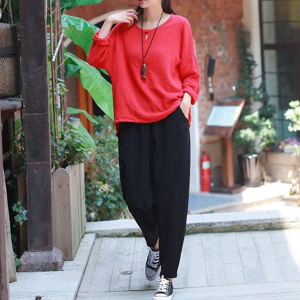 Women Casual Linen and Cotton Loose  Cropped Small Leg Pants