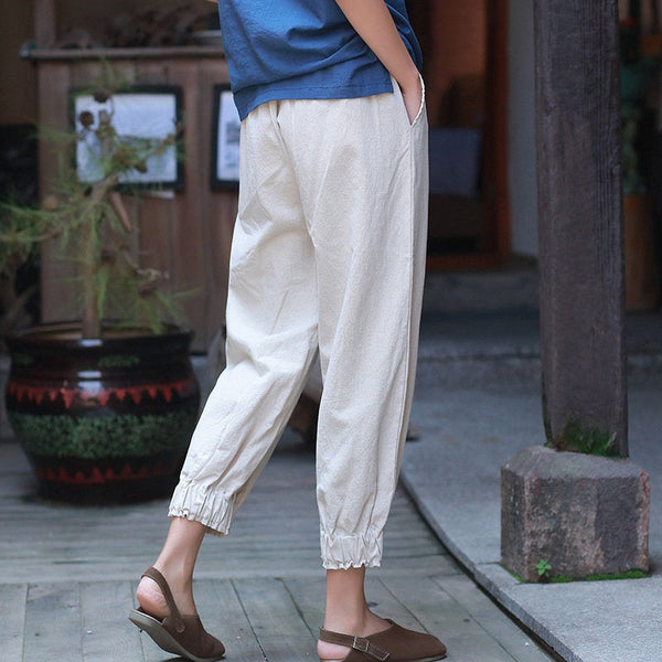 Women Causal Linen and Cotton Lantern Cropped Capri