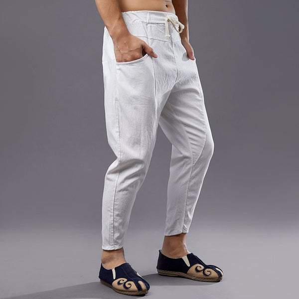 Men New Style Causal Linen and Cotton Capri Small Leg Opening Pants