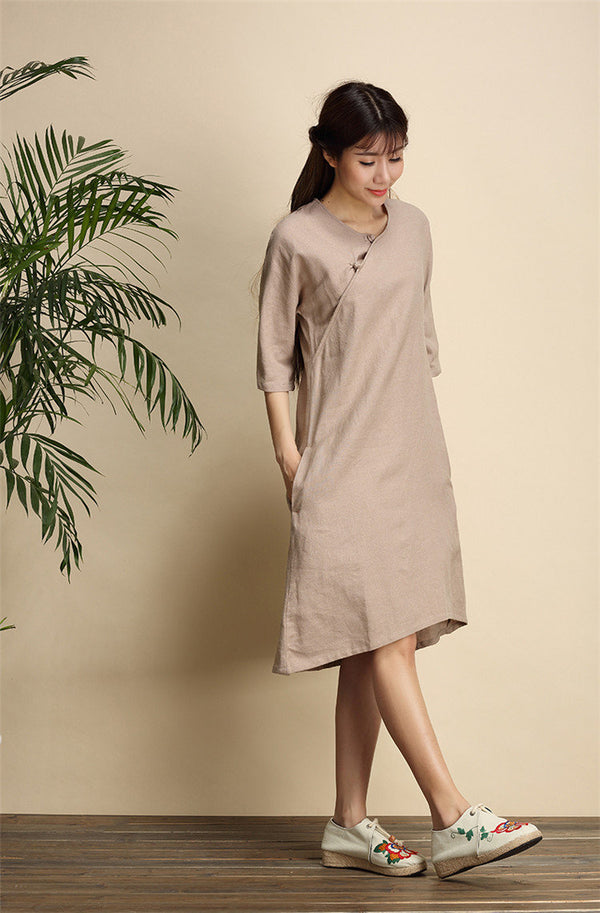 Women Simple Zen Type Women Linen and Cotton Knee Length Dress
