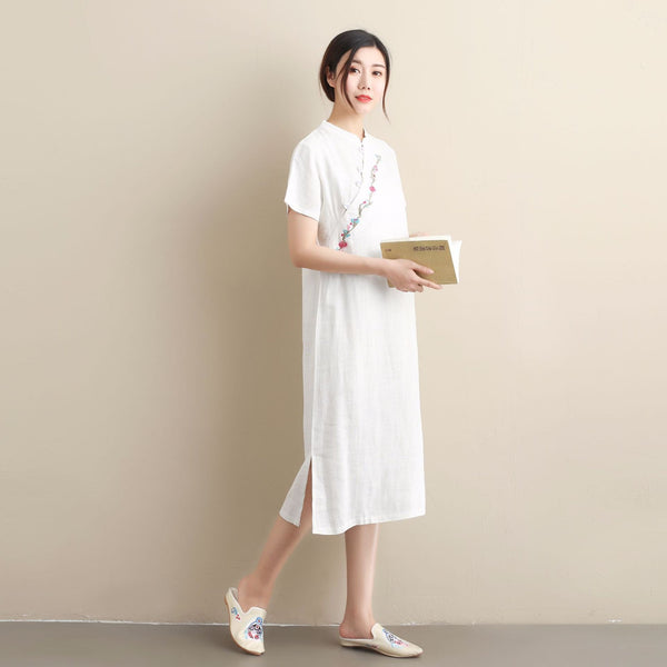 Women Ethnic Style Linen and Cotton Traditional Hanfu Type Tea Length Dress