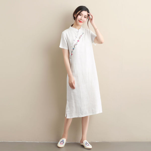 Women Ethnic Style Linen and Cotton Traditional Hanfu Type Tea Length Dress