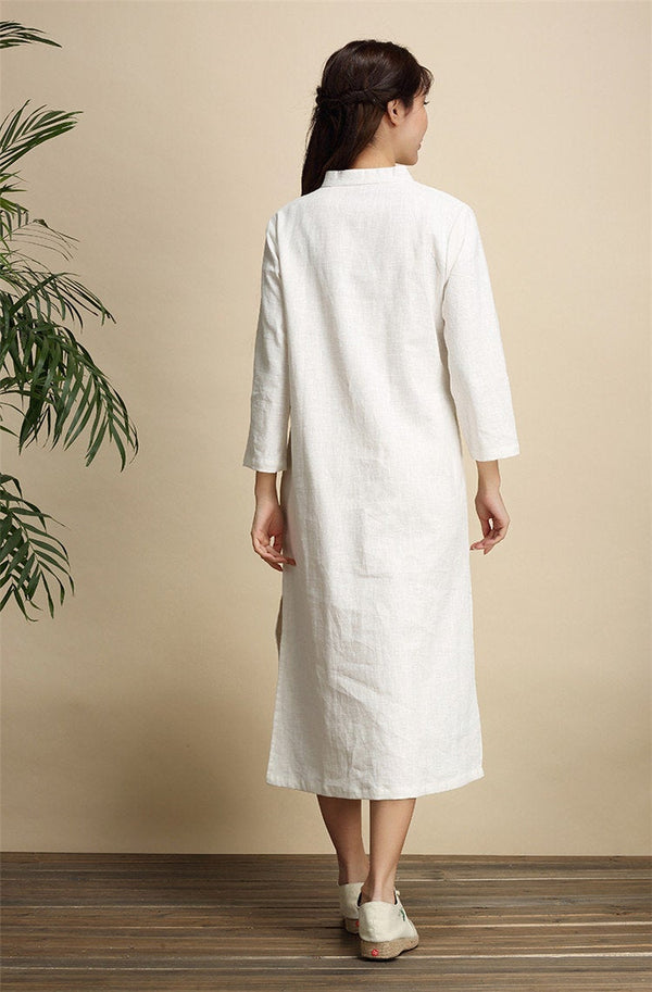 Qi Pao Linen Dress/ Simple Linen Dress/ Summer Linen Dress/ Tea Length Dress/ Casual dress/ Ethnic Hanfu Dress