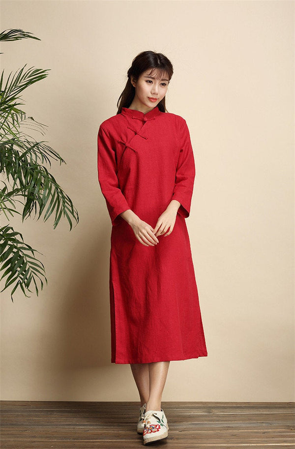 Qi Pao Linen Dress/ Simple Linen Dress/ Summer Linen Dress/ Tea Length Dress/ Casual dress/ Ethnic Hanfu Dress