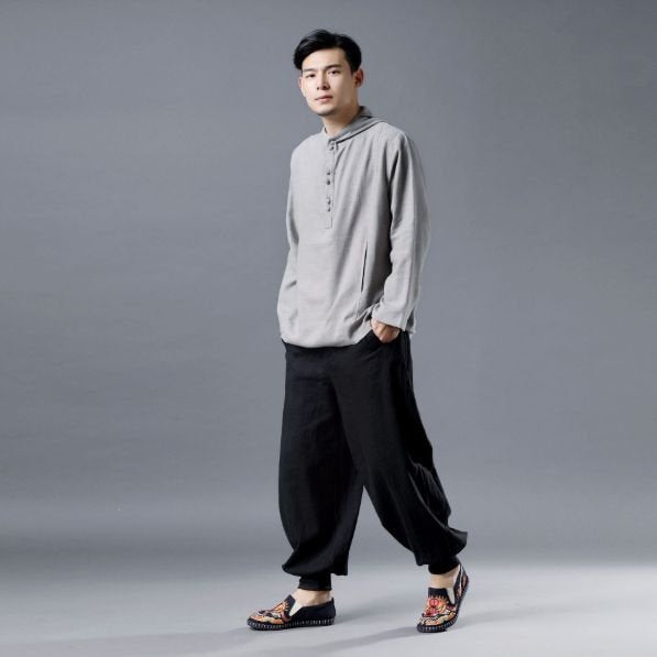 Men Casual Pullover Linen and Cotton Hoodies Top