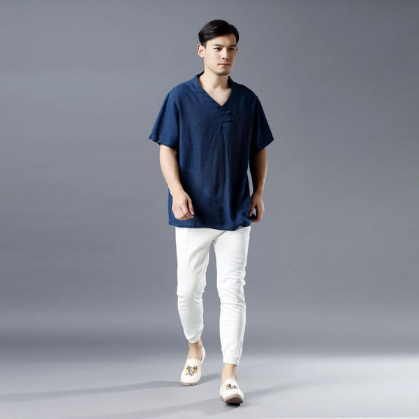 Men Pullover Short Sleeve Linen and Cotton Shirts Tops