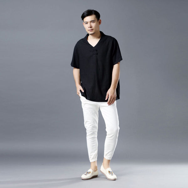Men Pullover Short Sleeve Linen and Cotton Shirts Tops