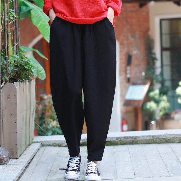 Women Casual Linen and Cotton Loose  Cropped Small Leg Pants