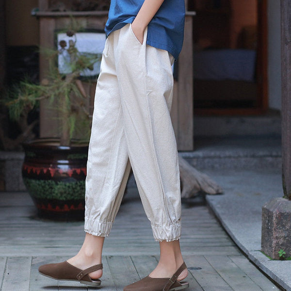 Women Causal Linen and Cotton Lantern Cropped Capri