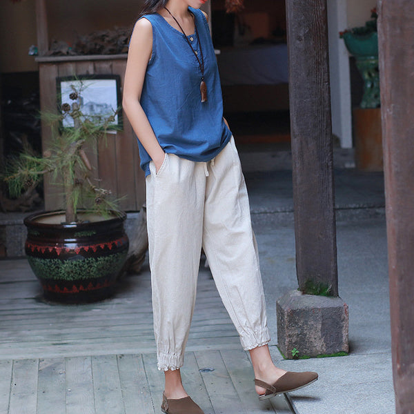 Women Causal Linen and Cotton Lantern Cropped Capri